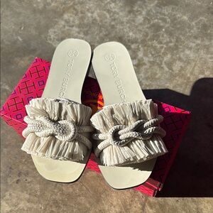 Tory Burch Cream Ruffle Slide Sandals